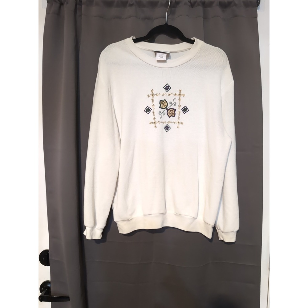 Logix White Embroidered Floral Crewneck, Women's Large‎ Sweatshirt, Vintage